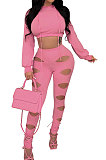 Fashion Casual Simplee Pure Color Hollow Out Hoodie Crop Pants Sets CCY9553