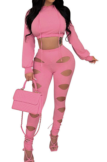 Fashion Casual Simplee Pure Color Hollow Out Hoodie Crop Pants Sets CCY9553
