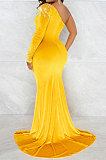 Euramerican Fashion Velvet Spliced Mesh Spaghetti Sexy Irregular Split Long Dress CCY9547