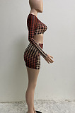 Hot Sales Stylish Wave Point Mesh Printed Long Sleeve O Neck Crop Tops Hip Skirts Slim Fitting Suits WX035