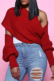 Fashion V Collar Cross Off Shoulder Pure Color Sweaters HAY8801