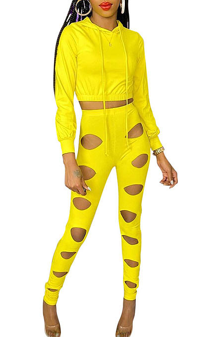 Fashion Casual Simplee Pure Color Hollow Out Hoodie Crop Pants Sets CCY9553