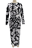 Euramerican Long Sleeve Printing Bodycon Backless Lady Long Dress KZ2155