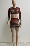 Hot Sales Stylish Wave Point Mesh Printed Long Sleeve O Neck Crop Tops Hip Skirts Slim Fitting Suits WX035