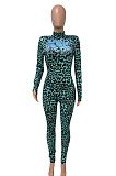 Women Nigh Club Leopard Printed Long Sleeve Collect Waist Bodycon Jumpsuits WX033