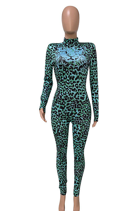Women Nigh Club Leopard Printed Long Sleeve Collect Waist Bodycon Jumpsuits WX033