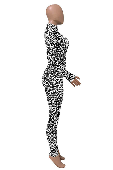 Women Nigh Club Leopard Printed Long Sleeve Collect Waist Bodycon Jumpsuits WX033
