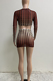 Hot Sales Stylish Wave Point Mesh Printed Long Sleeve O Neck Crop Tops Hip Skirts Slim Fitting Suits WX035