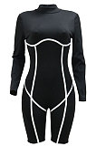 Euramerican Fashion Casual Pure Color Spliced Bodycon Long Sleeve Romper Shorts CCY9565