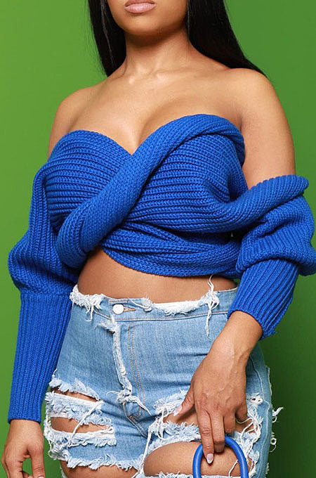 Fashion V Collar Cross Off Shoulder Pure Color Sweaters HAY8801