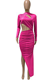 Elegant Sexy Women Long Sleeve O Neck Hollow Out Ruffle Slit Party Bodycon Dress WX031