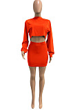 New Arrivals Women Long Sleeve O Neck Crop Tops High Waist Mini Shirts Solid Color Fashion Suits WX030