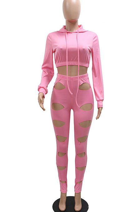 Fashion Casual Simplee Pure Color Hollow Out Hoodie Crop Pants Sets CCY9553