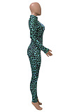 Women Nigh Club Leopard Printed Long Sleeve Collect Waist Bodycon Jumpsuits WX033