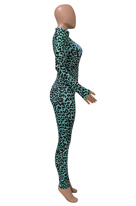 Women Nigh Club Leopard Printed Long Sleeve Collect Waist Bodycon Jumpsuits WX033
