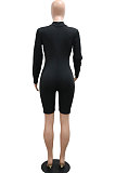 Euramerican Fashion Casual Pure Color Spliced Bodycon Long Sleeve Romper Shorts CCY9565