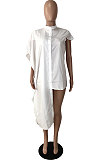 Women Fashion Irregular Short Sleeve  Stand Neck Single-Breasted Solid Color Shirts YNS1690