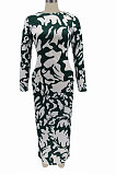 Euramerican Long Sleeve Printing Bodycon Backless Lady Long Dress KZ2155