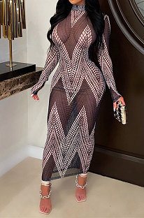 Trendy Sexy Mesh Spaghetti Perspectivity Printing Skinny Long Dress CCY9564