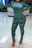 Women Nigh Club Leopard Printed Long Sleeve Collect Waist Bodycon Jumpsuits WX033