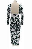 Euramerican Long Sleeve Printing Bodycon Backless Lady Long Dress KZ2155