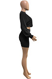 New Arrivals Women Long Sleeve O Neck Crop Tops High Waist Mini Shirts Solid Color Fashion Suits WX030