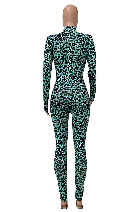 Women Nigh Club Leopard Printed Long Sleeve Collect Waist Bodycon Jumpsuits WX033