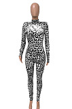 Women Nigh Club Leopard Printed Long Sleeve Collect Waist Bodycon Jumpsuits WX033