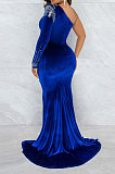Euramerican Fashion Velvet Spliced Mesh Spaghetti Sexy Irregular Split Long Dress CCY9547