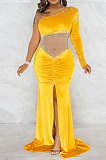 Euramerican Fashion Velvet Spliced Mesh Spaghetti Sexy Irregular Split Long Dress CCY9547