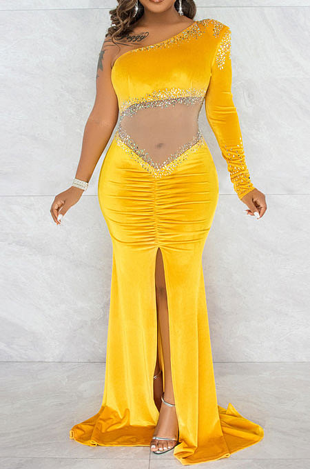 Euramerican Fashion Velvet Spliced Mesh Spaghetti Sexy Irregular Split Long Dress CCY9547