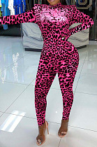 Women Nigh Club Leopard Printed Long Sleeve Collect Waist Bodycon Jumpsuits WX033