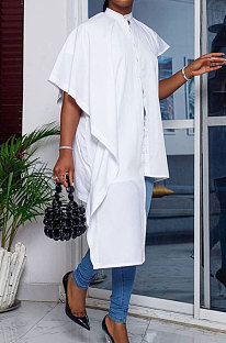 Women Fashion Irregular Short Sleeve  Stand Neck Single-Breasted Solid Color Shirts YNS1690