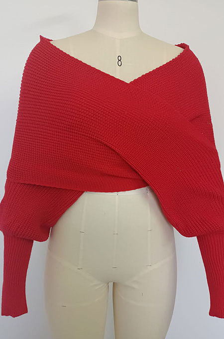 Fashion V Collar Cross Off Shoulder Pure Color Sweaters HAY8801