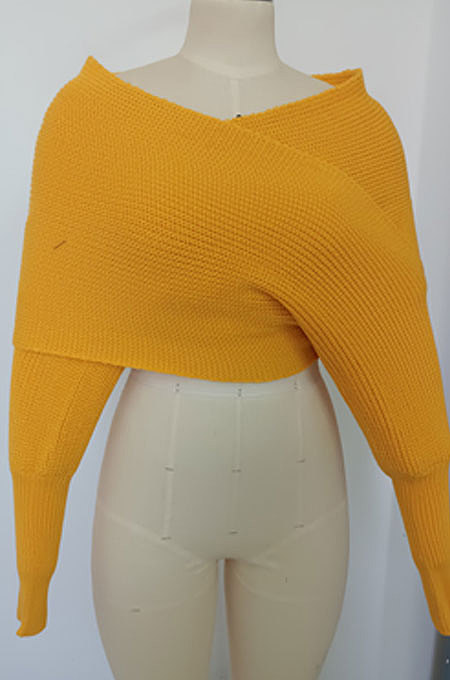 Fashion V Collar Cross Off Shoulder Pure Color Sweaters HAY8801