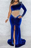 Euramerican Fashion Velvet Spliced Mesh Spaghetti Sexy Irregular Split Long Dress CCY9547