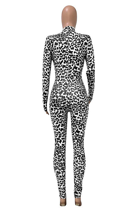 Women Nigh Club Leopard Printed Long Sleeve Collect Waist Bodycon Jumpsuits WX033