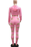 Fashion Casual Simplee Pure Color Hollow Out Hoodie Crop Pants Sets CCY9553