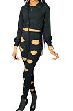Fashion Casual Simplee Pure Color Hollow Out Hoodie Crop Pants Sets CCY9553