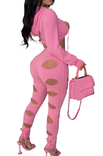Fashion Casual Simplee Pure Color Hollow Out Hoodie Crop Pants Sets CCY9553