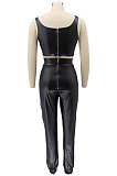 Euramerican Women Sexy Fashion Strapless High Elastic PU Leather Pants Sets KZ2156