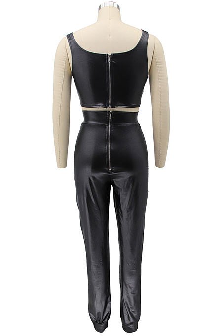 Euramerican Women Sexy Fashion Strapless High Elastic PU Leather Pants Sets KZ2156