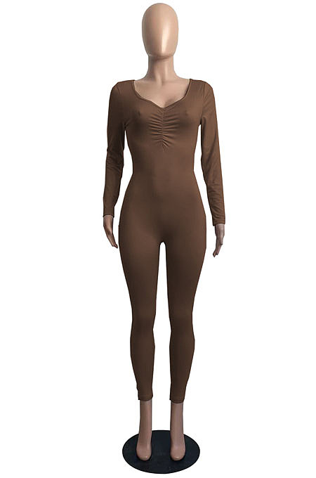 Sexy New Women Long Sleeve V Neck Fron Ruffle Solid Color Bodycon Jumpsuits FH187