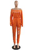 Women Cotton Blend Letter Printed Long Sleeve Oblique Shoulder Slim Fitting Solid Color Jumpsuits H1792