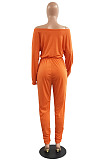 Women Cotton Blend Letter Printed Long Sleeve Oblique Shoulder Slim Fitting Solid Color Jumpsuits H1792