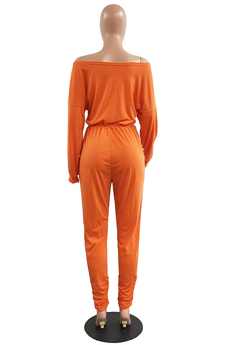 Women Cotton Blend Letter Printed Long Sleeve Oblique Shoulder Slim Fitting Solid Color Jumpsuits H1792