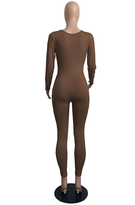 Sexy New Women Long Sleeve V Neck Fron Ruffle Solid Color Bodycon Jumpsuits FH187