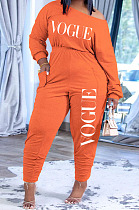 Women Cotton Blend Letter Printed Long Sleeve Oblique Shoulder Slim Fitting Solid Color Jumpsuits H1792
