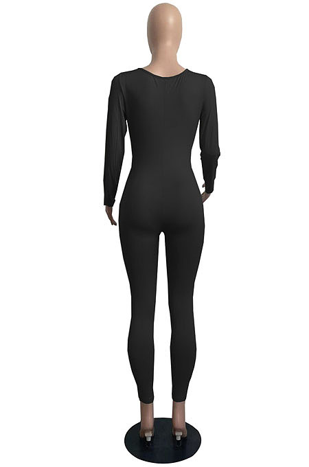 Sexy New Women Long Sleeve V Neck Fron Ruffle Solid Color Bodycon Jumpsuits FH187