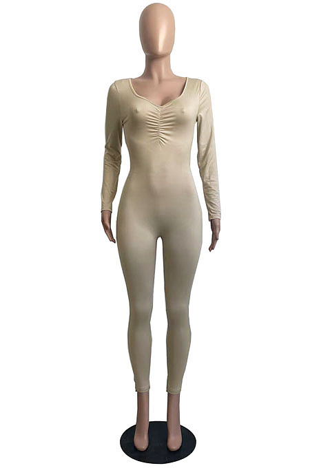 Sexy New Women Long Sleeve V Neck Fron Ruffle Solid Color Bodycon Jumpsuits FH187
